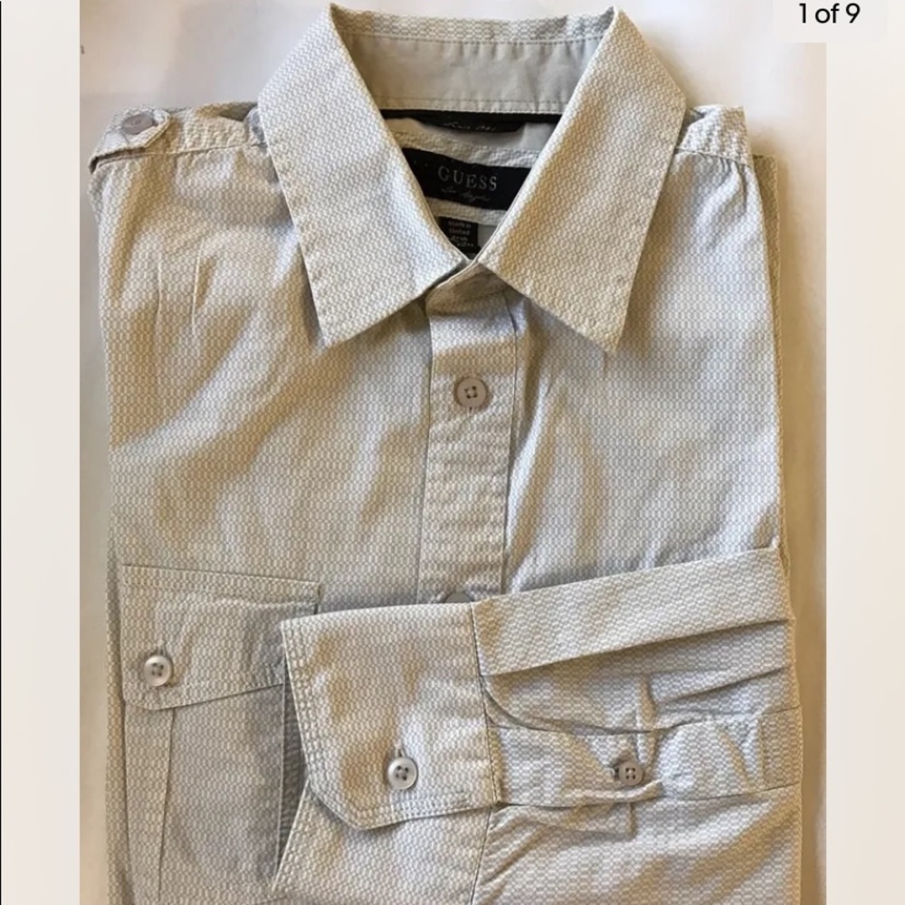 Guess Men Dress Shirt Beige Geometric Print Long Sleeve Cotton M